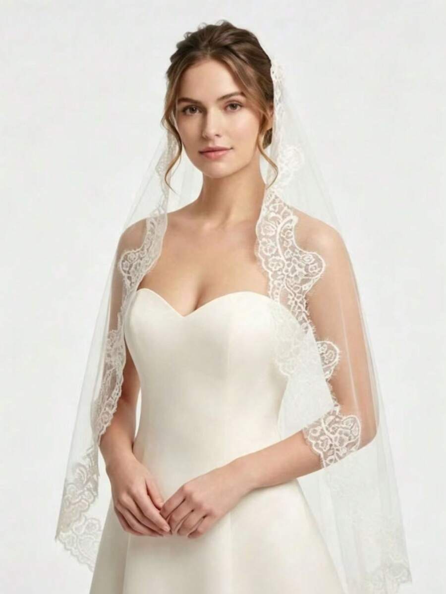 2026 New High-End Lace 3m Long Bridal Veil White/Ivory Wedding Veil Mantilla Wedding - White - View 1