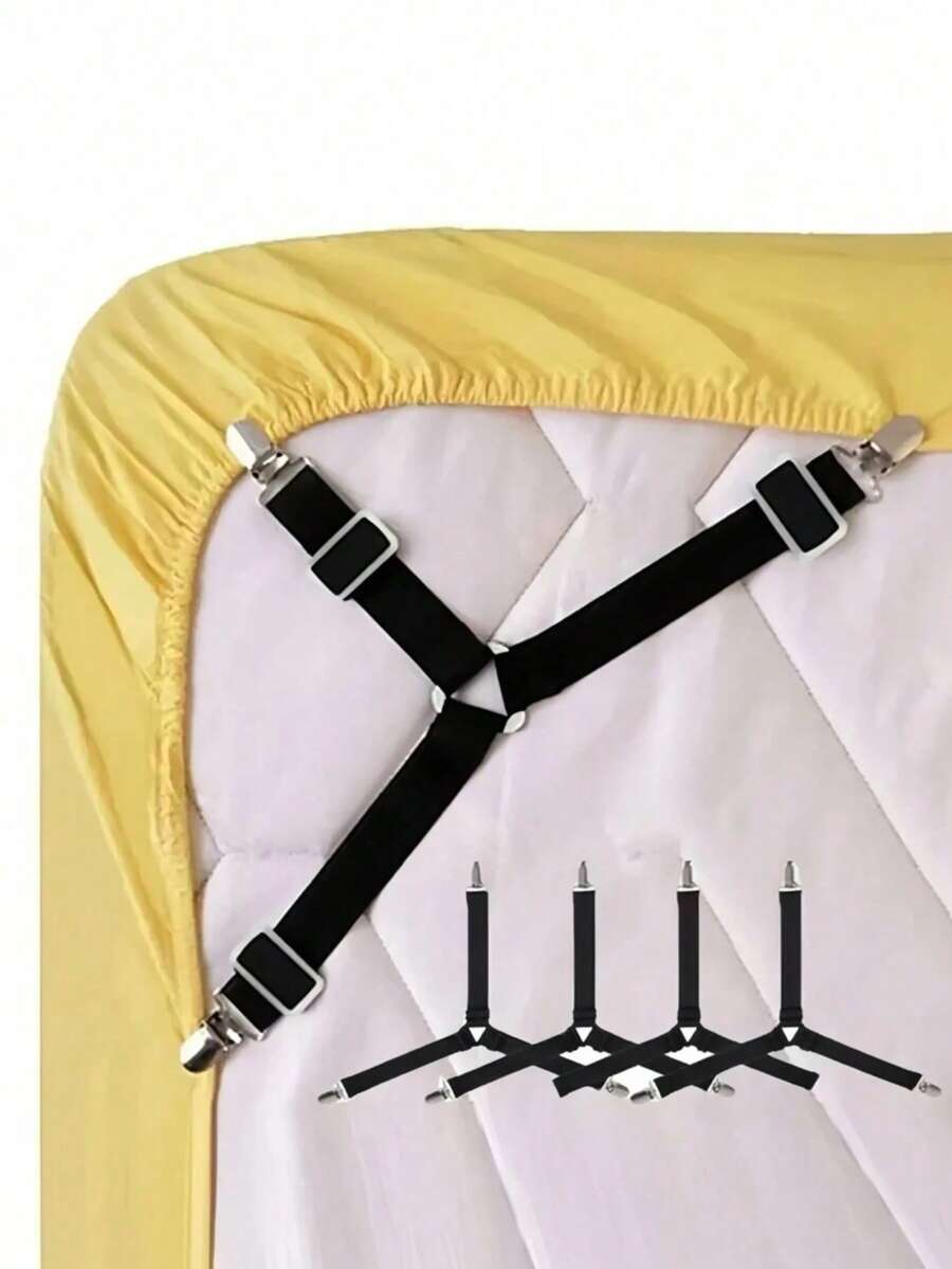4pcs Adjustable Bed Sheet Fastener Set - Triangular Elastic Straps With Clips, Suitable For Mattress/Sofa Covers | Heavy Duty Metal Clips Secure Bedding (Non-Slip And Reusable) - Black - View 1