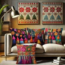 4 pièces Housses de coussin à carreaux et imprimées de couleurs, impression traditionnelle unilatérale, polyester doux et confortable, 45x45cm, fermeture à glissière, lavable en machine, convient pour la décoration de la maison, le salon, la chambre, le patio, les vacances, les cadeaux - Multicolore - Voir 8