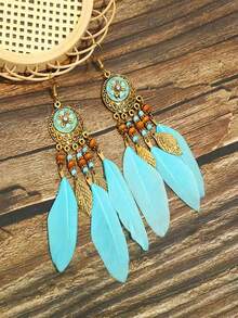 Retro Bohemian Four-Leaf Clover Round Enamel Long Tassel Earrings, White Feather Dangle Earrings For Women - Bohemia - View 10