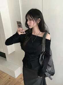 女款收腰鈕扣長袖T恤，露肩上衣，秋季 - 黑色 - 查看 4