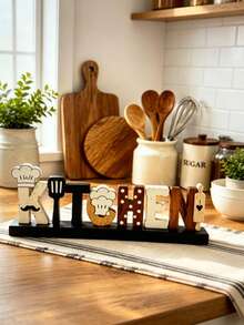 1pc Wooden Letter Table Sign, Chef Hat Beard Spatula Rolling Pin Decor, Freestanding Wooden Block Decoration, Suitable For Kitchen Countertop, Shelf, Tiered Tray, Rustic Kitchen Home Decor, Housewarming Gift, Kitchen Decoration & Accessories, Kitchen Essentials - A - View 3