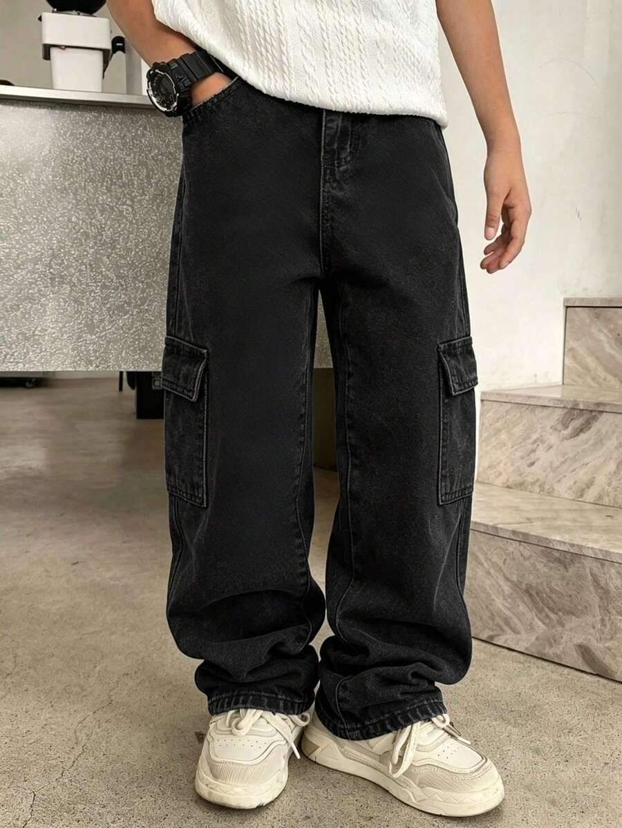 Tween Boy Casual Versatile Daily Straight Leg Denim Jeans - Black - View 1