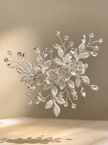 1pc White Flower Leaf Rhinestone Handmade Hair Clip, Women's Back Head Bun Hair Accessory, Bridal Wedding Party Elegant High-End Headpiece - Multicolor - View 6