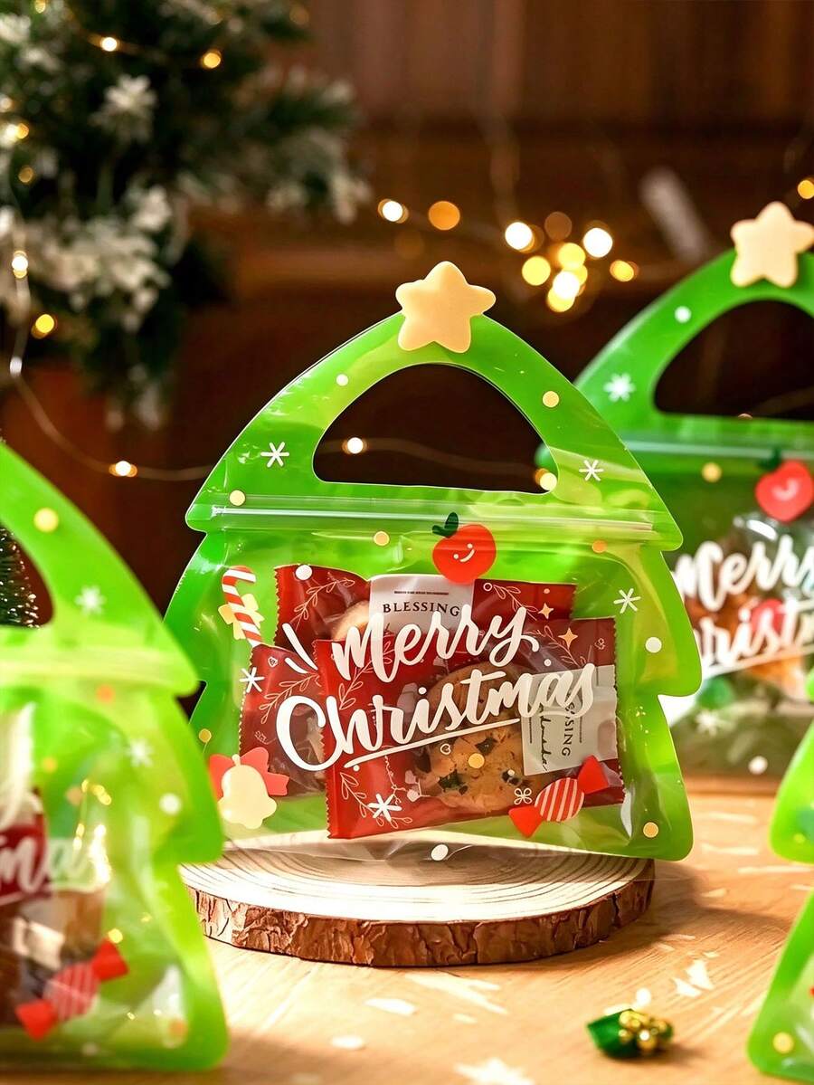 10 Christmas Tree-Shaped Gift Bags With Reindeer - Resealable Plastic ...