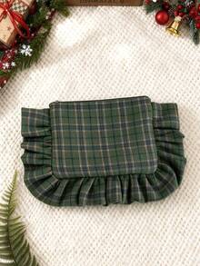 Custom Plaid Ruffle Makeup Bag, Custom Handmade Embroidered Name Storage Bag, Holiday Travel Makeup Bag, Personalized Christmas Gift For Her - Multicolor - View 11