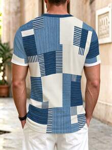 Men's Vintage Patchwork Plaid 3D Print V-Neck Knit Short Sleeve Casual T-Shirt, Summer - Royal Blue - View 4