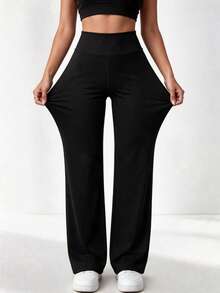 Pantalones de cintura alta con pierna recta acampanada de unicolor - Negro - Ver 5