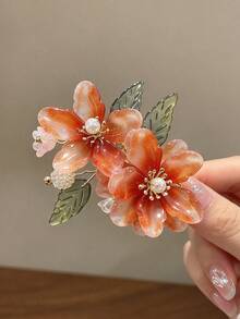 1pc Vintage Orange Glass Flower Pearl Edge Clip, 3D Green Leaf Design Hair Accessory, Women's Wedding Banquet Atmosphere Headpiece - Multicolor - View 4