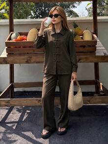 Women's Lapel Frog Button 2 Pieces Casual Set, Long Sleeve Top With Straight Leg Pants - Brown - View 4