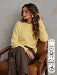 HYJ WEAR Cream & Multicolor Sweater, Autumn/Winter Solid Color Wool Blend, Autumn Outfit, Daily Commute, Halloween, Christmas - Yellow - View 2