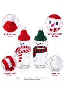 12pcs Christmas Snowman DIY Container Set, Includes 4 Clear Snowman Shaped Jars, 4 Knitted Pom Pom Hats And 4 Striped Scarves, Holiday Snack Storage Containers, Suitable For Christmas Table Decor, Holiday Party Favors And Gift Supplies - Multicolor - View 3