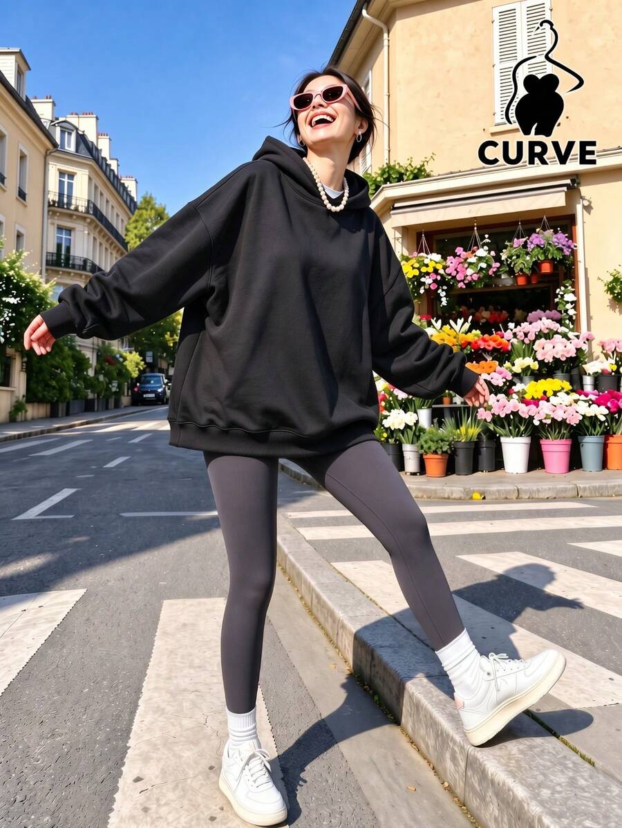 Women's Loose Black Sweatshirt, Regular Length Long Sleeve Sweatshirt, Casual Street Style, Suitable For Plus Size Women, Autumn Wear, Versatile For Various Occasions - Black - View 1