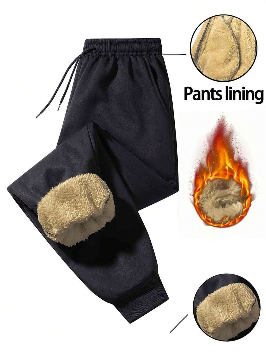 Men's Solid Color Lined Joggers, Elastic Drawstring Waist, Side Pockets, Warm Ankle Sports Pants, Casual Winter Pants - Black - View 1