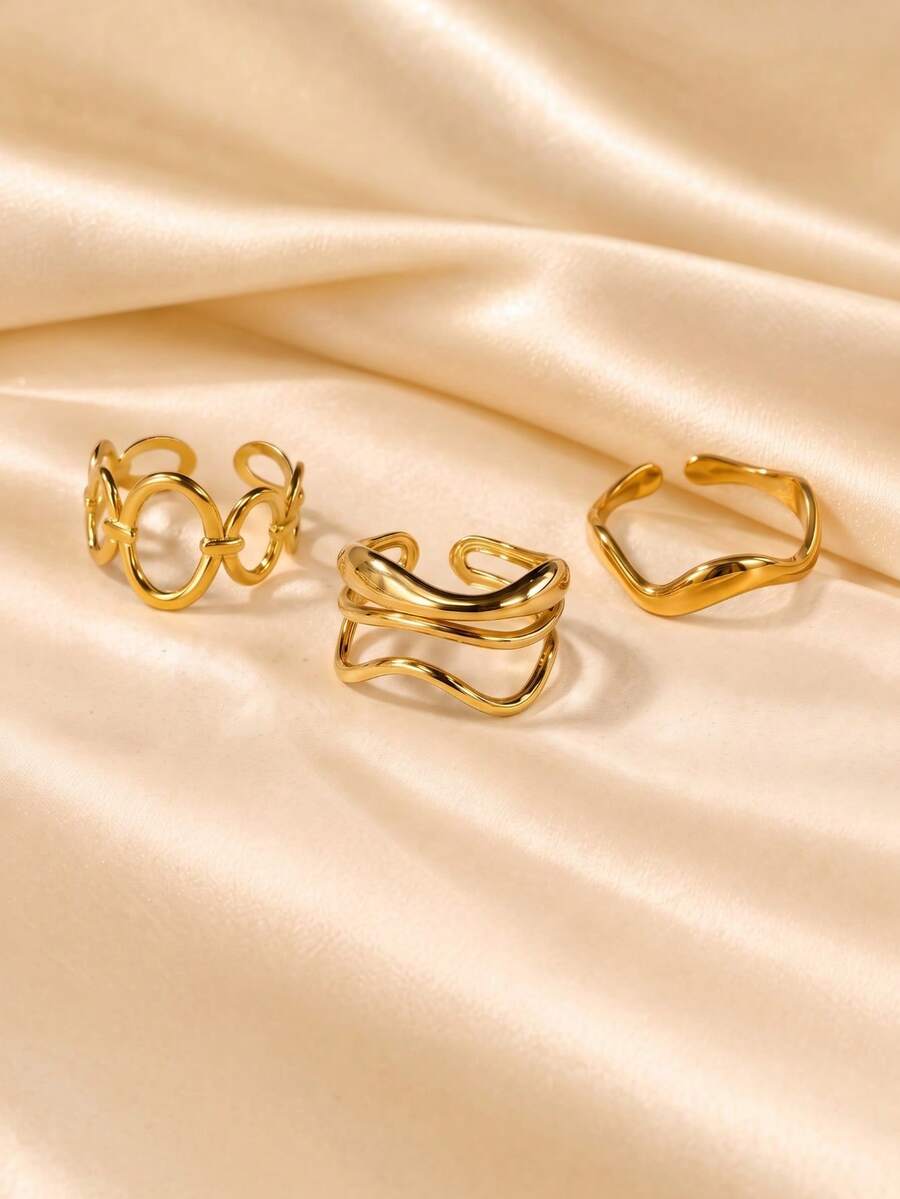 3pcs Gold Open Ring Set, Interlocking Circle, Wavy Wrap, Wide Ripple Design, Adjustable, European And American Niche Style, Stackable Combination Accessory - Gold - View 1