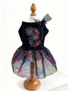 LUCKIE LABO 1pc Halloween Colorful Spider Web Pattern Pet Dress, Physical Flea Prevention, Reduces Shedding, Insulated And Breathable, Suitable For Small And Large Dogs And Cats, Indoor And Outdoor Use - Multicolor - View 2