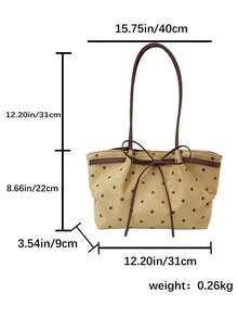 Polka Dot Bow Decor Suede Tote Bag, Large Capacity Daily Commute Shoulder Bag - Khaki - View 2