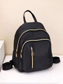 1pc Unisex Solid Color Gold Zipper Nylon Multi-Pocket Large Capacity Lightweight Casual Mini Backpack, Suitable For Daily, Travel, Shopping, Outdoor, Campus, All Season - Multicolor - View 1
