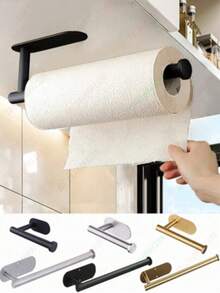 Large 33.5CM Fashionable Stainless Steel Paper Towel Holder - Multi-Functional Under Cabinet Installation, Adhesive Or Screw Mount, Suitable For Kitchen And Bathroom, Modern Design, Drill-Free Wall Mount, Easy Installation With Back Adhesive, Applicable For Kitchen, Bathroom, Storage Room, Sink, Balcony Wall-Mounted Towel Rack/Paper Towel Holder, Can Store Plastic Wrap/Aluminum Foil Storage Rack, Self-Adhesive Paper Towel Holder, Paper Towel Rack, Absorbent Paper Towel Holder - Multicolor - View 2