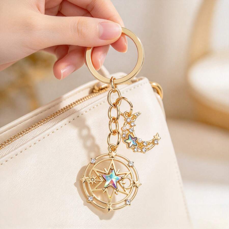English: Magic Circle Star Moon Keychain, Crystal Inlaid Alloy Bag Charm, Aesthetic Celestial Pentagram Keyring For Handbag Backpack Birthday Gift - Multicolor - View 1