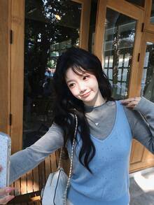 Women's Korean Sweet Autumn/Winter Contrast Color Knit 2 Pieces Set, Hollow Eye Tank Top And Solid Color Long Sleeve Slim Fit Base Layer, Suitable For Outings, Travel, Campus, Commuting - Blue - View 3