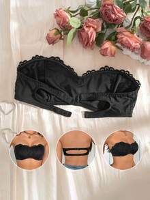 Women's Strapless Lace Patchwork Hollow Back Design Wire-Free Bandeau Bra - Black - View 1