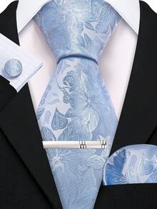 Men's Tie, Pocket Square, Cufflinks, Silver Tie Clip 4-Piece Set, Light Blue Floral Jacquard, Business Formal Outfit - Baby Blue - View 1