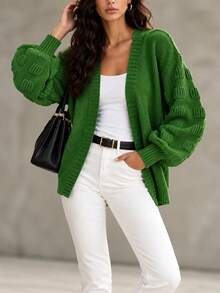 Plus Size Women's Green Cardigan, Long Sleeve Knit Fabric, Dropped Shoulder Design, Regular Length, Fashion Ribbed Knit - Green - View 3