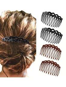 3/6pcs Vintage Woven 11-Tooth Deep Brown Plastic Hair Comb, Eight-Shaped Side Comb - Multicolor - View 4