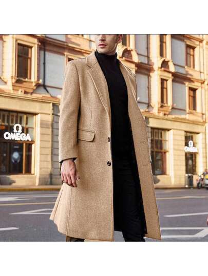 Men's British Style Longline Coat Solid Color Lapel Single-Breasted Loose Fit Winter Overcoat, Big & Tall
