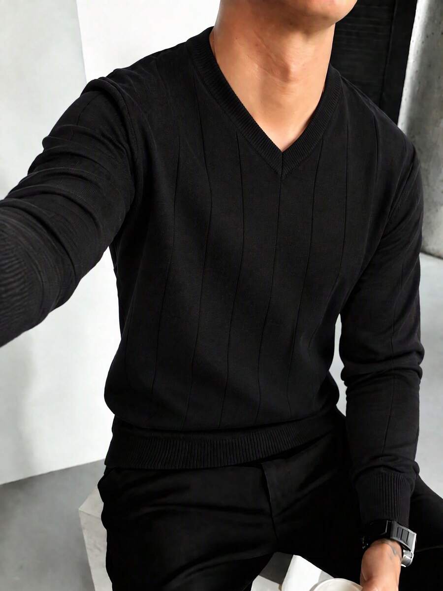 Men's V-Neck Ribbed Knit Sweater, Black Solid Color, Slim Fit, Long Sleeve, Autumn/Winter Pullover, Layering Casual Base Layer