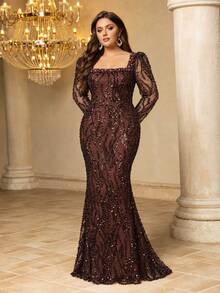UNITHORSE[Random Cut]Square Neck Long Sleeve Cinched Waist Sequin Evening Dress - Coffee Brown - View 3