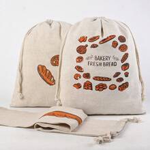 1/2pcs Off-White Linen Drawstring Bread Bag, Reusable French Baguette Bag, Cookie Bag, Picnic Bread Food Storage Bag, Bread Pattern Storage Bag, Multiple Patterns Available - Multicolor - View 2