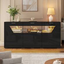 Sideboard With A Unique Design / With 3 Doors Featuring A Special Glass Design / With A Decorative Viewing Window / With Ample Storage Space / High-Gloss Finish / Suitable For Dining Rooms And Living Rooms - Black + Particle Board - View 1