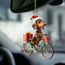 2pcs 2D Acrylic Flat Creative Cute Dachshund Riding Bicycle Delivering Christmas Gift Pattern Car Rearview Mirror Hanging Ornament/Christmas Tree Decoration/Christmas Gift/Couple Keychain Pendant/Backpack Charm - Cycling Puppy Charm - View 2