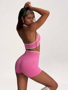 PinkTip Summer Black & White Color Block Crop Top And High Waist Yoga Shorts Fitness Set - Pink - View 4