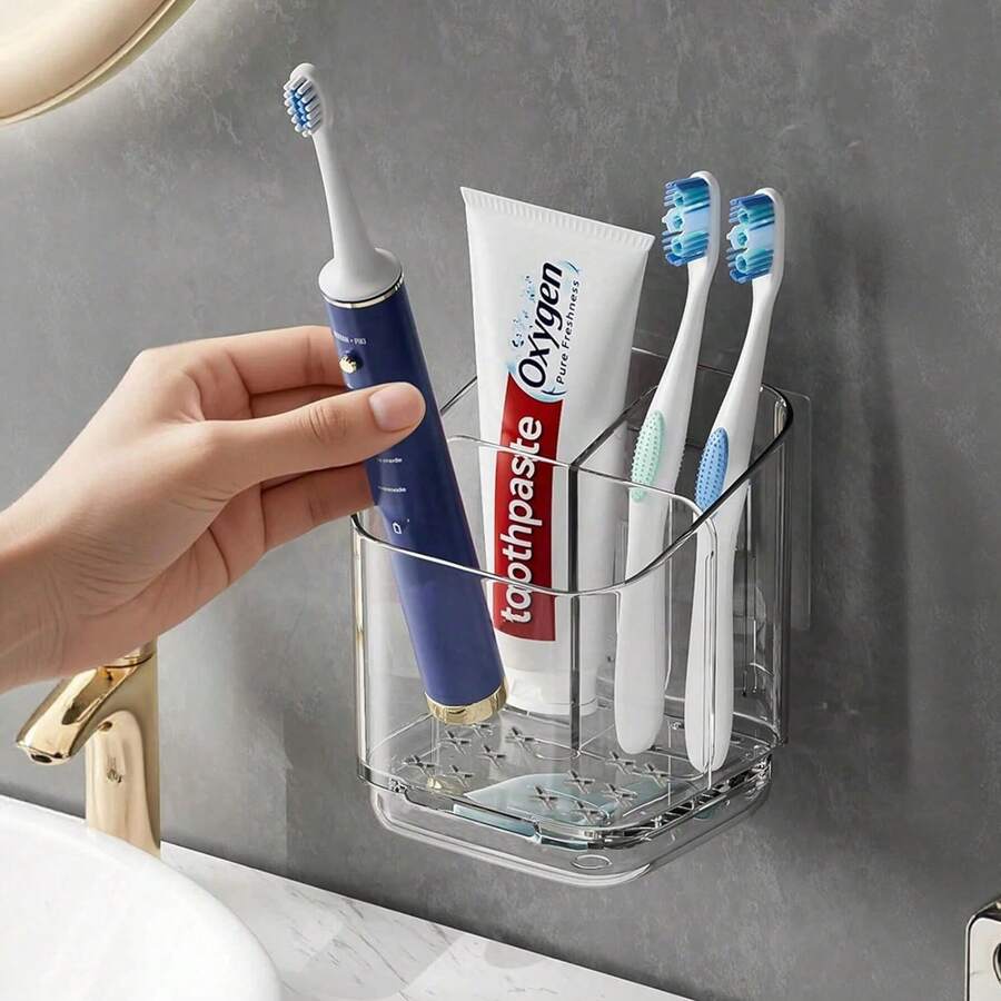 1pc Wall-Mounted Toothbrush Holder, Space-Saving Sink Storage, Detachable Toothbrush Rack, Independent Plastic Bathroom Storage Shelf, Suitable For Toothbrush And Toothpaste - Multi-Compartment Design, Wall-Mounted Vanity Storage Rack, Suitable For Adults And Family Use, Bathroom Essential, Home Decor, Bedroom Essential, Storage Essential