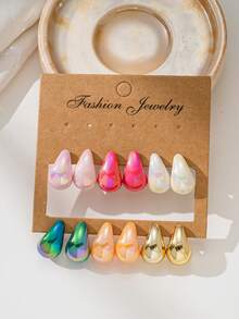 1/6 Pair Set Fashionable Cute Multi-Color Water Drop Earrings Set Suitable For Women's Daily Wear (Avoid Contact With Water As It May Cause Discoloration And Affect Material Quality Due To CCB Material) - Multicolor - View 3