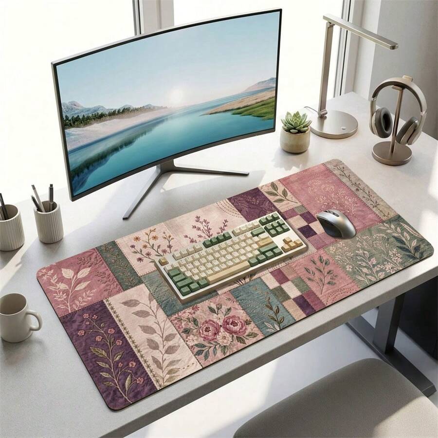 Color Block Floral Extra Long Mouse Pad, Gaming Office Home Artistic Design, Gift For Friends And Family, Rubber Base, PC Laptop Study Desk Mat, Multiple Sizes, Computer Keyboard Pad, Non-Slip And Smooth - View 1