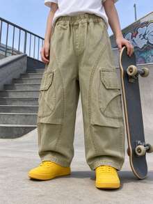 Boys' Young Boy Solid Color Washed Loose Fit Cargo Casual Cotton Long Pants With Large Pockets, Suitable For Autumn, Spring, All Seasons, Back To School, Daily Wear, Outdoor Activities - Khaki - View 5