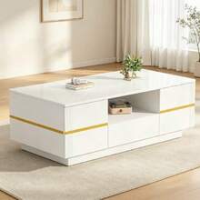 طاولة قهوة 100 * 50 * 35.5 سم / طاولة قهوة بسيطة وفاخرة / مع إضاءة LED / مع 2 درج و 1 خزانة منزلقة / رف مفتوح / مثالية لغرفة المعيشة والدراسة - أبيض + خشب ليفي متوسط الكثافة - مشاهدة 1