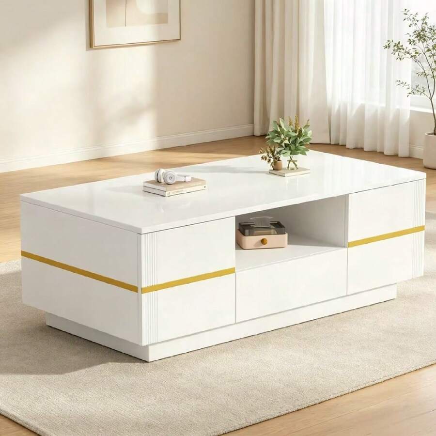 طاولة قهوة 100 * 50 * 35.5 سم / طاولة قهوة بسيطة وفاخرة / مع إضاءة LED / مع 2 درج و 1 خزانة منزلقة / رف مفتوح / مثالية لغرفة المعيشة والدراسة - أبيض + خشب ليفي متوسط الكثافة - مشاهدة 1