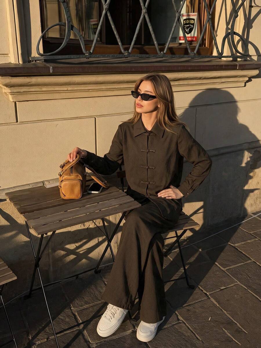 Women's Lapel Frog Button 2 Pieces Casual Set, Long Sleeve Top With Straight Leg Pants