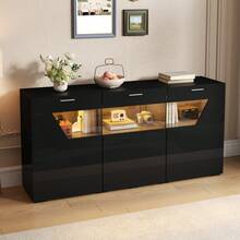 Sideboard With A Unique Design / With 3 Doors Featuring A Special Glass Design / With A Decorative Viewing Window / With Ample Storage Space / High-Gloss Finish / Suitable For Dining Rooms And Living Rooms - Black + Particle Board - View 4