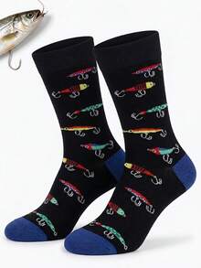 1/3/5 Pairs Men's Fish Hook & Bait Pattern Mid-Calf Socks, Soft Seamless Sports Socks, Suitable For Autumn/Winter, Ideal Gift For Fishing Enthusiasts, Boyfriend, Father - Multicolor - View 9