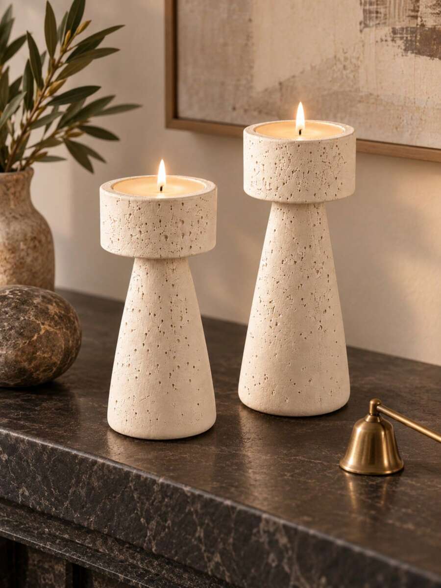 1pc/2pcs Minimalist Tall Tapered Pillar Candle Holder Set, Stable Slot Top Tea Light Candle Holder, Table Centerpiece Decor For Dining Table, Living Room, Wedding Party Home Decor - Beige Adjustable Height Stand - View 1