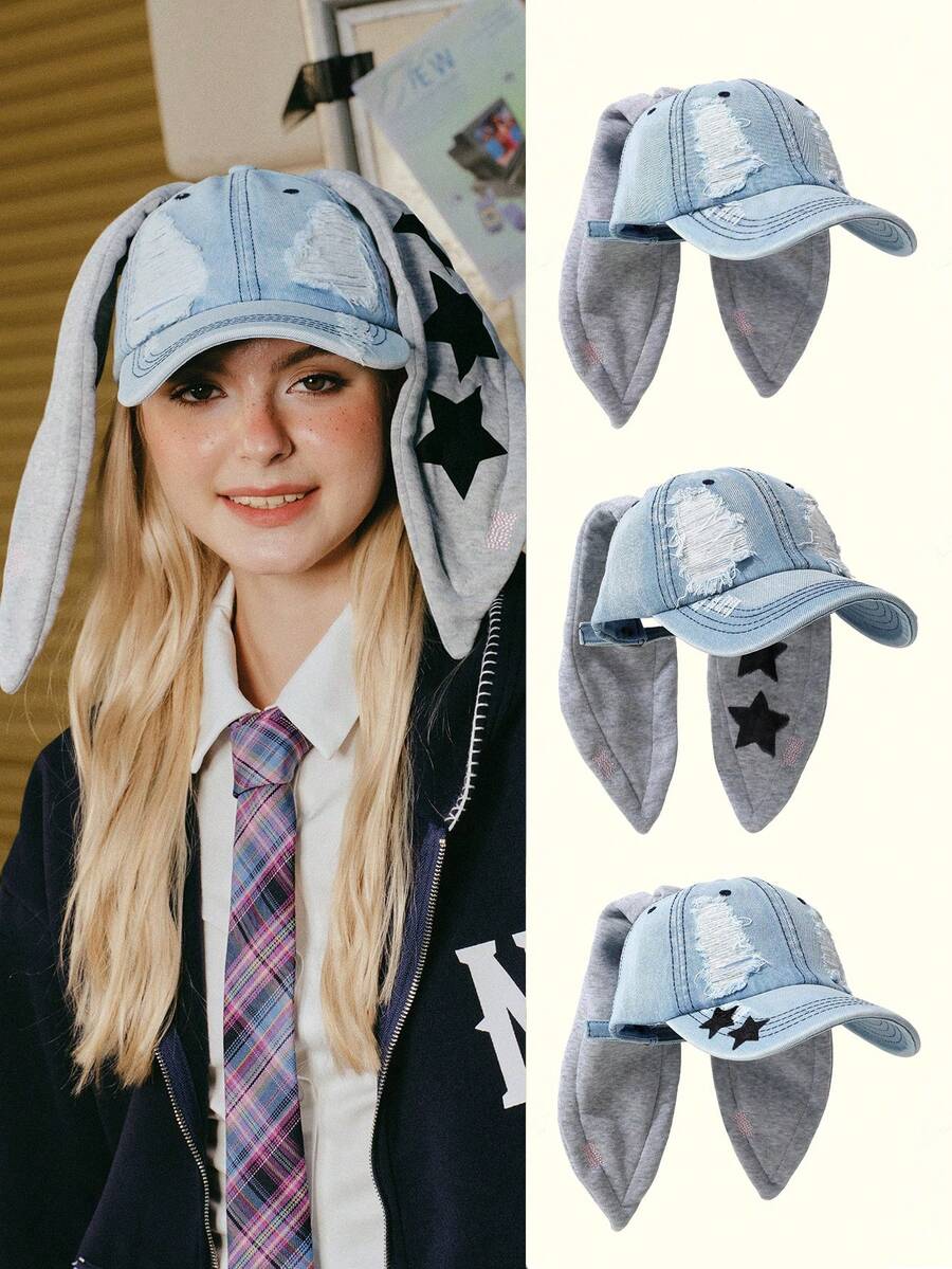 Popjeli 1pc Baseball Cap, Women's Fashion Rabbit Ear Decor Hat, Vintage Washed Distressed Snapback - Multicolor - View 1