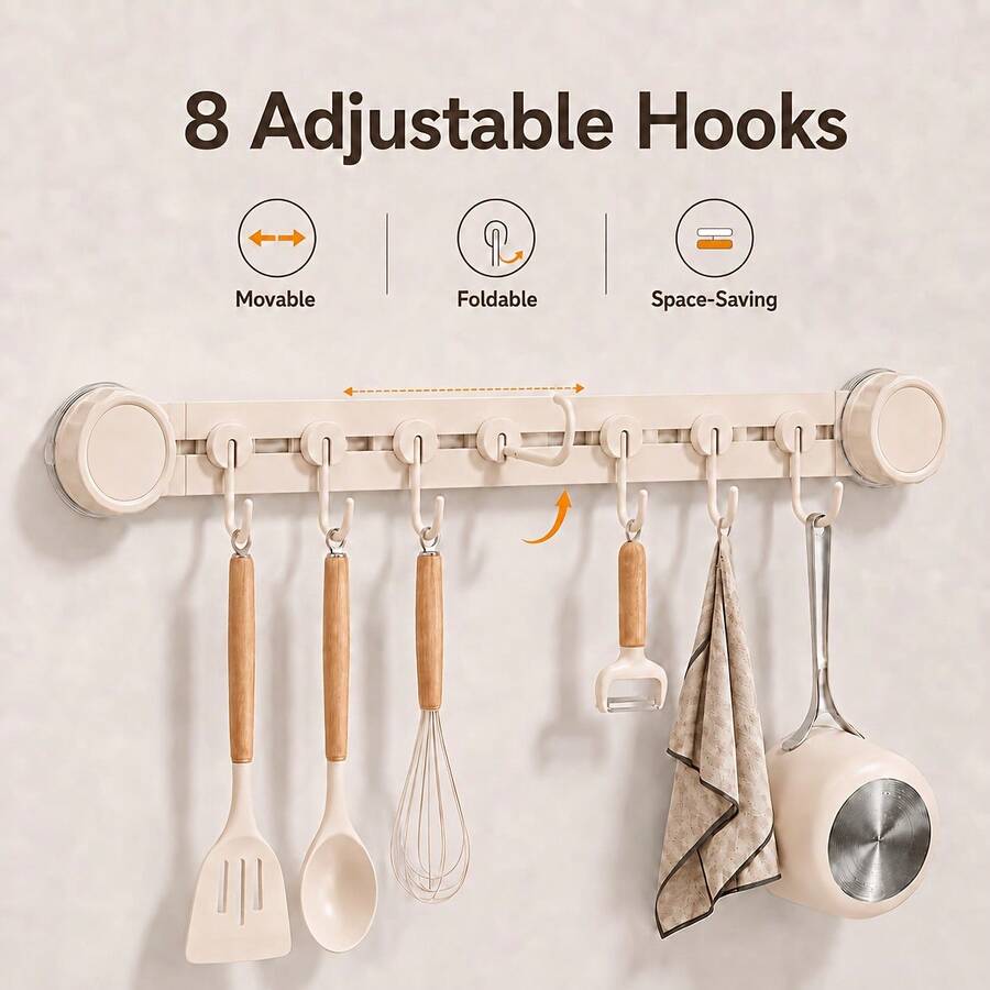 Suction Cup Kitchen Hook, Sliding Wall-Mounted Storage Rack, Drill-Free Hanging Organizer, Suitable For Spatulas, Spoons, Utensils Storage - View 1
