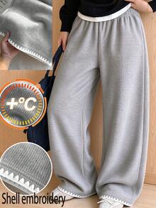 Lurzo Girls' Warm And Soft Solid Color Blended Wool Knitted Wide Leg Pants With Shell Embroidery At The Bottom,Autumn/Winter Outdoor/Back To School/Weekends - Grey - View 2