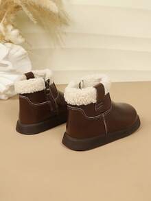Girls' Autumn/Winter Fleece-Lined Ankle Boots, Brown Glossy Boot Body, Cream White Faux Fur Trim Around The Collar For Warmth, Inner Zipper For Easy On/Off, Thick Non-Slip Sole, Round Toe For Foot Protection, Versatile Winter Boots For Girls - Burgundy - View 4